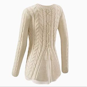 CAbi Cable Knit Sweater,Lace Up Back with Chiffon